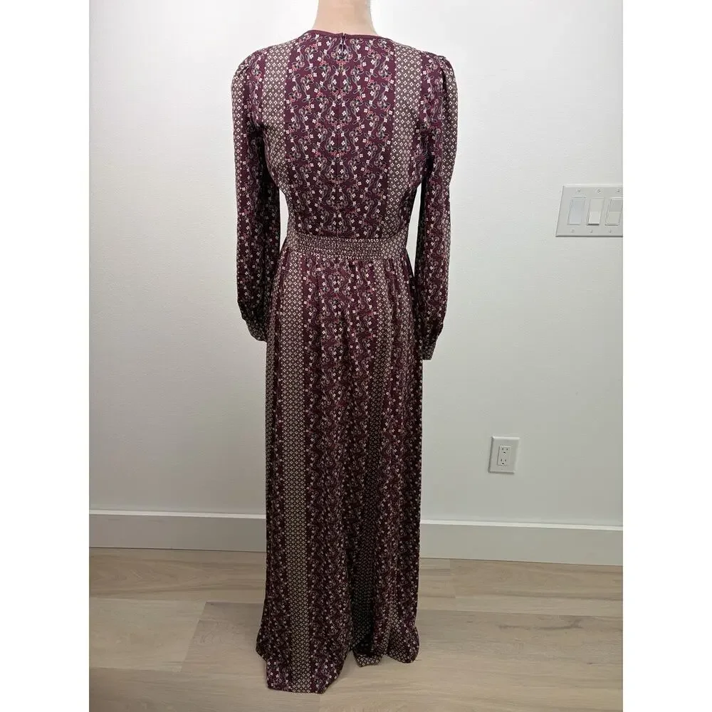 Gal Meets Glam Collection Dress US 4 Burgundy Floral Long Sleeve Square Neck
